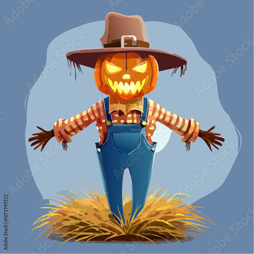 A detailed illustration of a smiling scarecrow with a pumpkin head, perfect for Halloween.