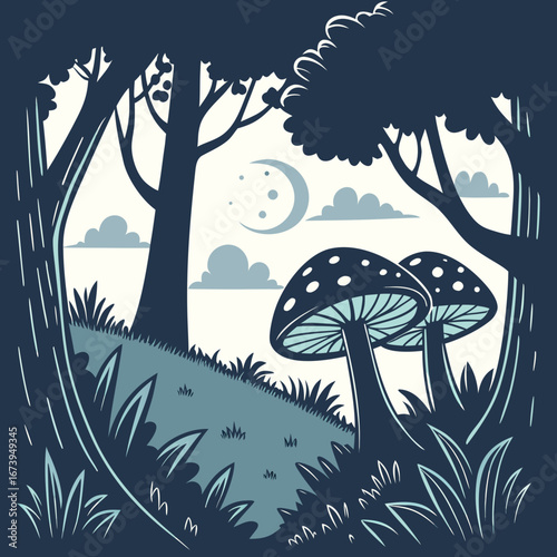 Enchanted forest scene with mushrooms and crescent moon