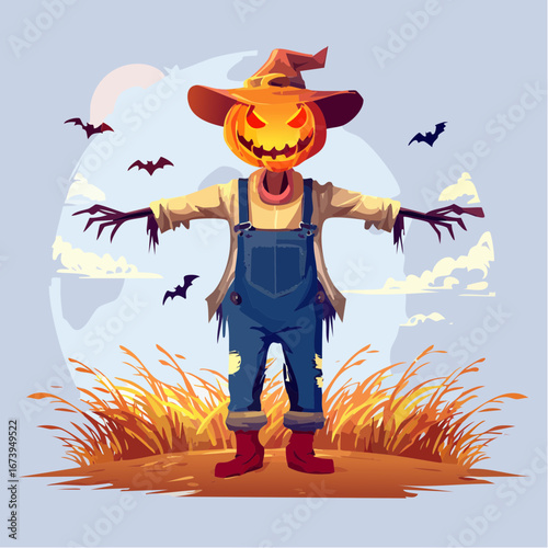 A cartoon scarecrow with a pumpkin head stands in a field on Halloween.