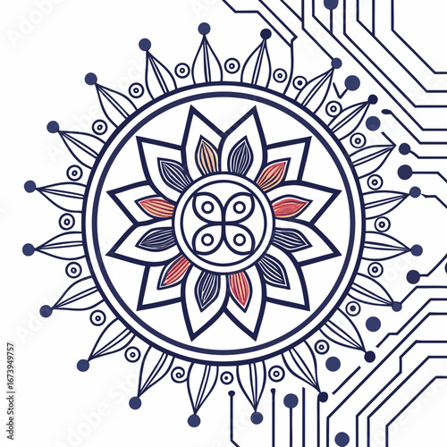 Mandala design with futuristic circuit board elements