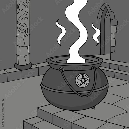 Mysterious bubbling cauldron with pentagram in a stone chamber