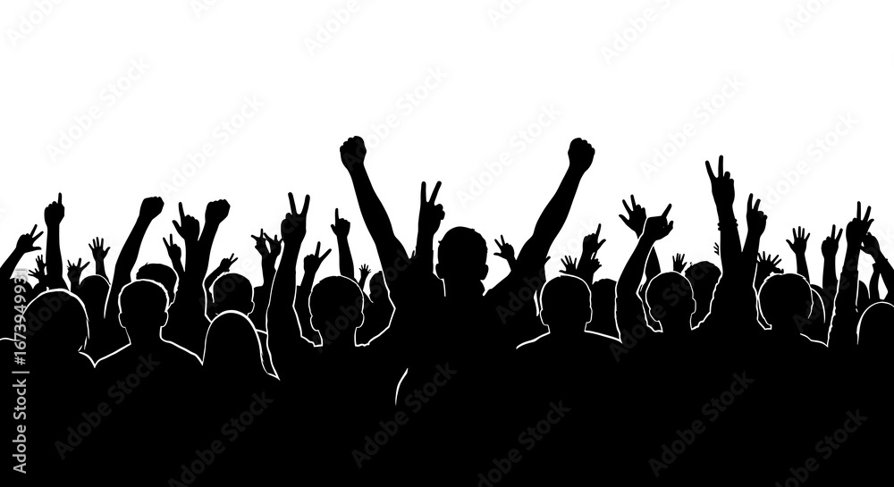 Obraz premium A crowd of people with raised arms and hands in celebration or protest, isolated on a white background