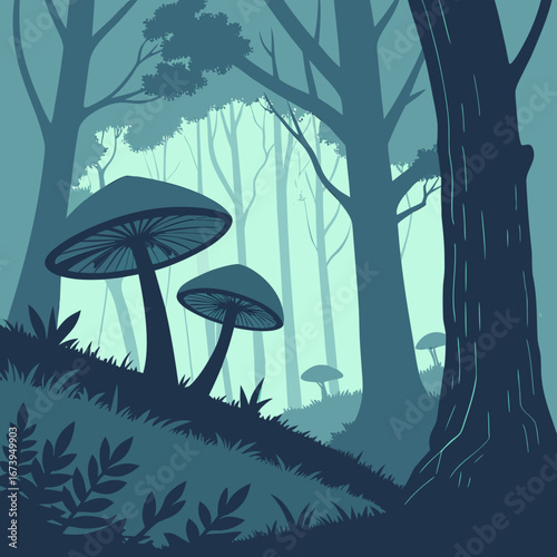 Mystical forest scene with large mushrooms and silhouetted trees