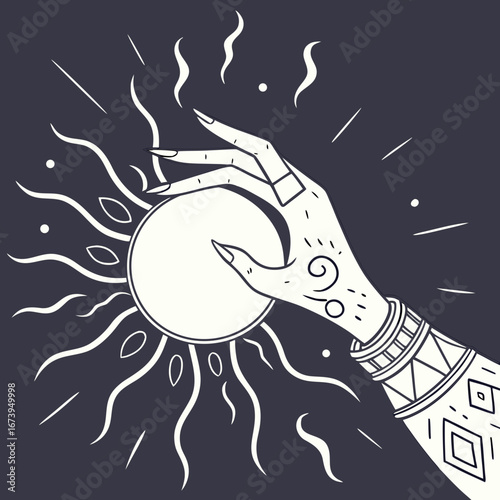 Mystical hand holding a glowing orb with sun rays