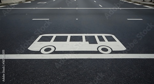 White painted bus lane symbol on dark asphalt road surface with white lane markings, indicating a designated area for public transportation.