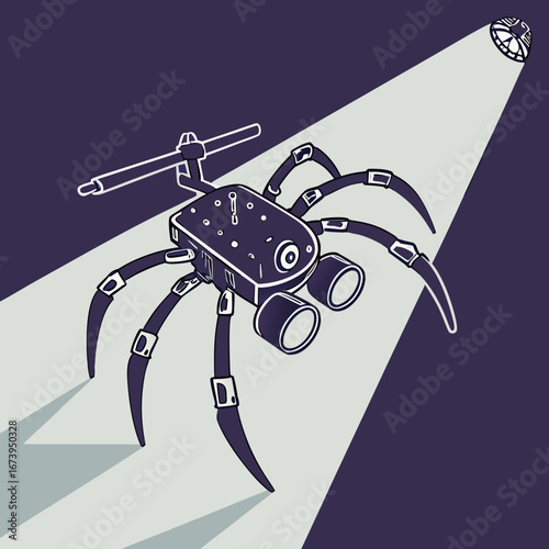 Robotic spider drone under a spotlight