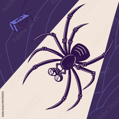 Spooky spider and cassette tape in spotlight