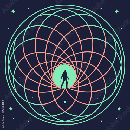 Silhouette of a person standing within a cosmic geometric pattern
