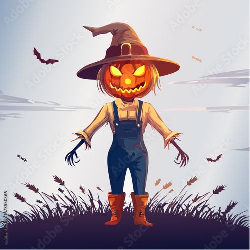 A spooky Halloween scarecrow with a glowing jack-o'-lantern head and witch hat stands in a field at dusk.