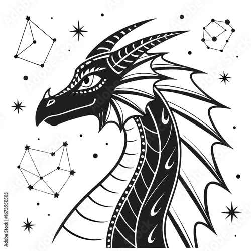 Stylized dragon head with celestial constellations and stars