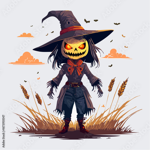 A spooky, stylized scarecrow with a pumpkin head and glowing eyes stands in a field of wheat under an autumn sky.