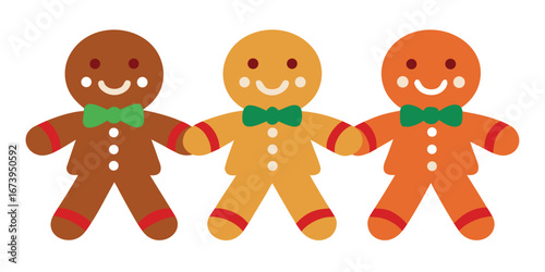 Three gingerbread men holding hands in a row on white background