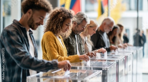 Diverse group of people voting elections at transparent ballot boxes in public setting.