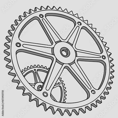 Two interlocking gears with a detailed spoke design