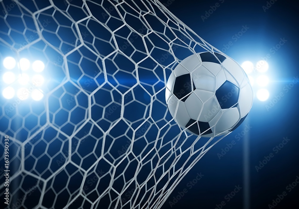 Fototapeta premium A soccer ball flies into the net during a night game, illuminated by bright stadium lights, symbolizing a winning goal and championship victory