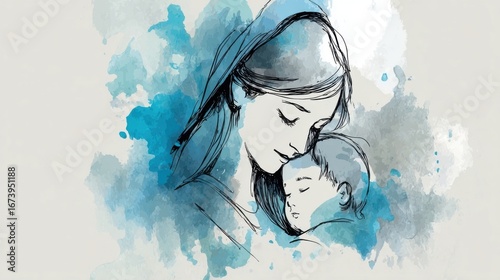 Beautiful watercolor illustration of mother holding her sleeping baby in tender embrace.