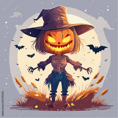 A detailed digital illustration of a spooky scarecrow with a pumpkin head and glowing eyes.