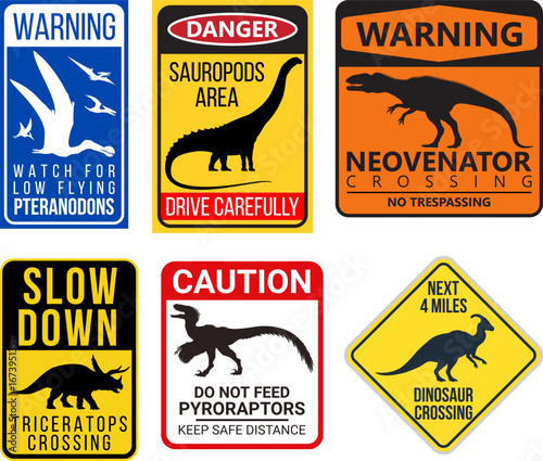 Dinosaur Warning sign Stickers Pack, vector illustration