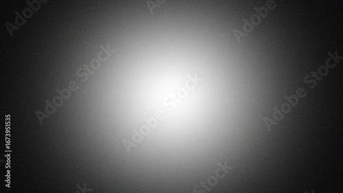 Black and white radial vignette abstract background. Smooth monochrome gradient from bright center glow to dark edges. black border shading. Subtle noise grain texture. Minimal grayscale light burst 