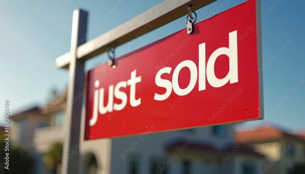 Obraz premium Red just sold sign for real estate. Clear white text on bright red background. Indicates successful property transaction completion. Used for marketing, announcing home sales, commercial business