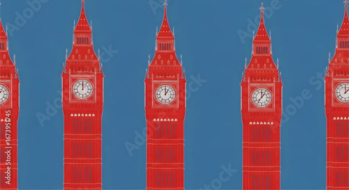 Vibrant red Big Ben clock towers stand out against a bold blue backdrop representing London's iconic architectural landmark in a repeating pattern