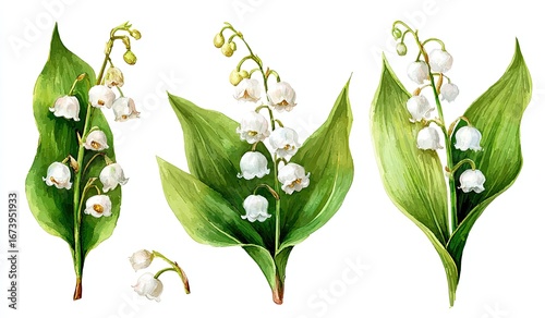 Three sprigs of lily of the valley, detailed illustration