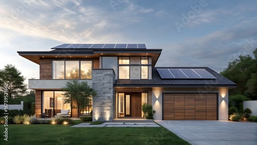 Modern luxury home with solar panels and wood accents at dusk