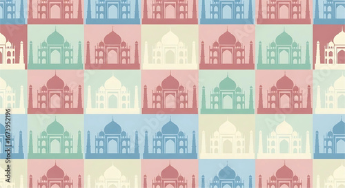 Colorful mosaic of the Taj Mahal silhouette creates a vibrant and culturally rich pattern perfect for background