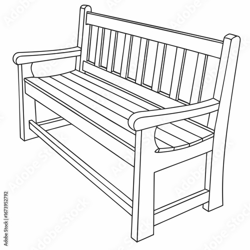 Illustration of a classic wooden park bench with armrests and a slatted seat, perfect for outdoor relaxation and urban spaces