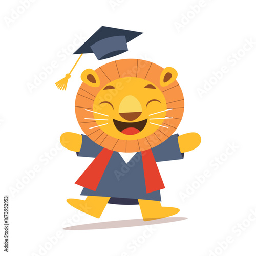 Lion Graduation Cartoon with Cap and Gown Vector Illustration