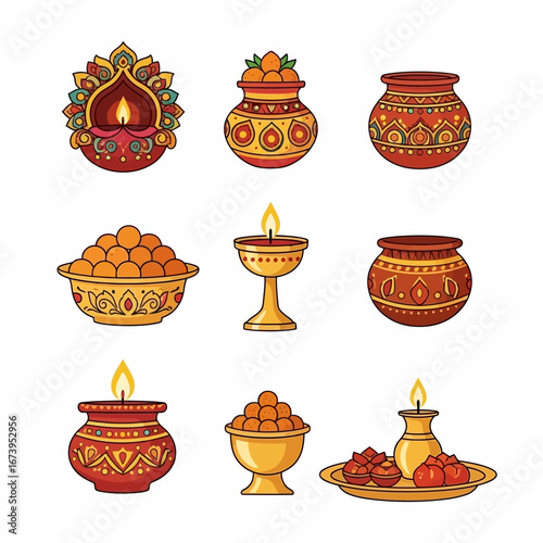 A collection of decorative Indian cultural elements including lit oil lamps, pots filled with sweets, and offerings on a tray, all depicted in a vibrant, stylized illustration.