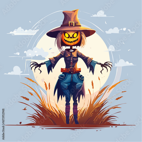 A spooky scarecrow with a jack-o'-lantern head stands in a field of dry grass under a large full moon.