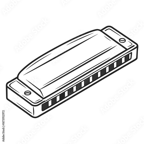 Illustration of a harmonica, a musical instrument played by mouth, a classic instrument for blues, jazz, and folk music