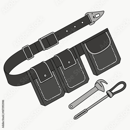 Illustration of a tool belt with pockets, a wrench, and a screwdriver, , perfect for construction or repair projects