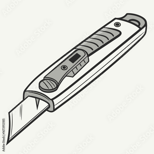 Illustration of a utility knife, featuring a retractable blade, plastic handle, and metal accents for cutting tasks