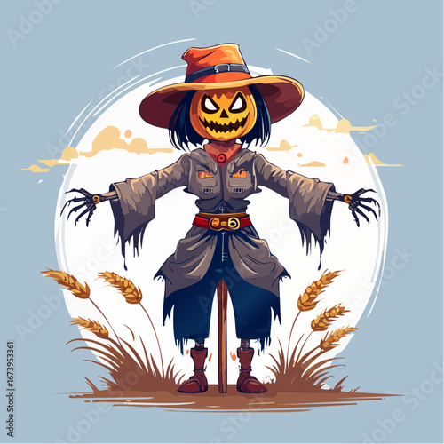 A spooky scarecrow with a pumpkin head and glowing eyes stands in a field at night.