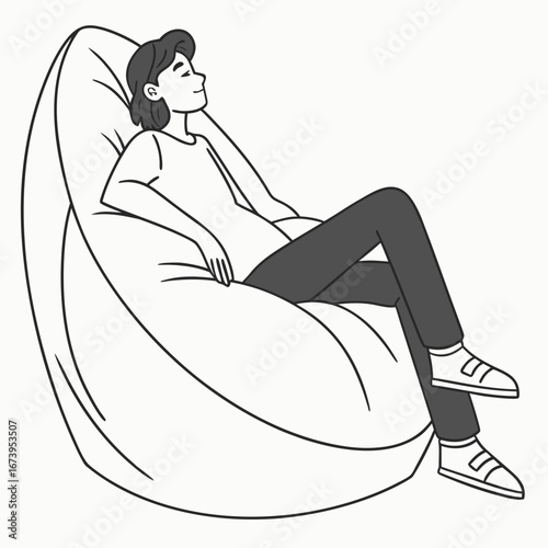 Vector art of a relaxed man sitting in a beanbag chair, enjoying a moment of peace and comfort, he is resting and taking a break