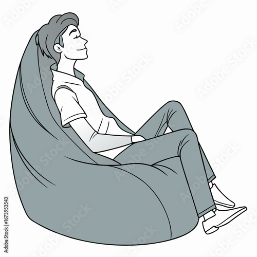 Vector art of a relaxed man sitting in a beanbag chair, enjoying a moment of peace and comfort, he is resting and taking a break from his day