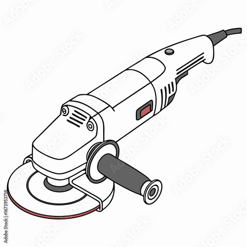 Vector art of angle grinder is a power tool used for grinding, cutting, and polishing materials, commonly used in construction and metalworking