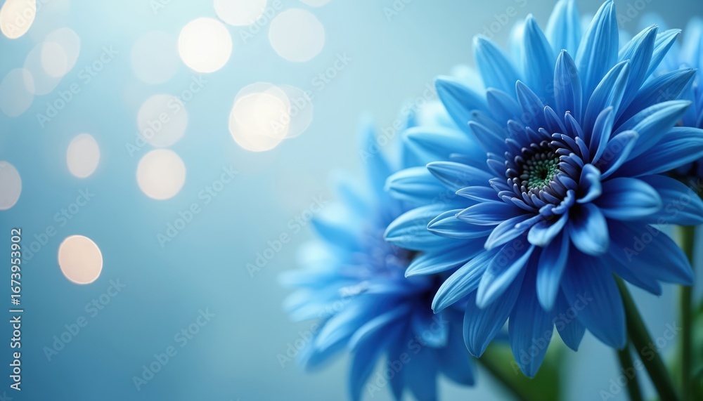 Obraz premium Close-up of delicate blue flower blooms with soft focus background, bokeh lights. Intricate petals reveal natural beauty, dreamy, serene atmosphere. Ideal for wallpapers, floral designs, nature