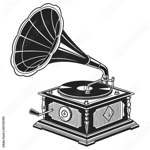 Vector art of vintage gramophone, a classic phonograph with a horn, representing retro music and antique technology