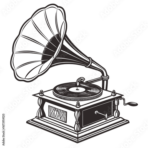 Vector art of vintage gramophone illustration, showcasing an antique phonograph with a classic design, evoking nostalgia and retro charm