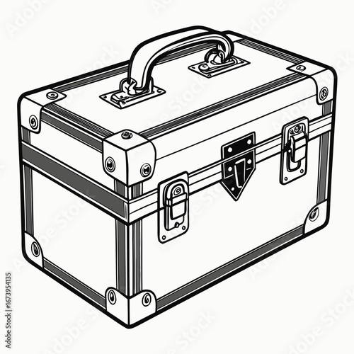 Vector art of vintage metal case with handle, a portable storage container for travel, luggage, or tools with clasps and rivets