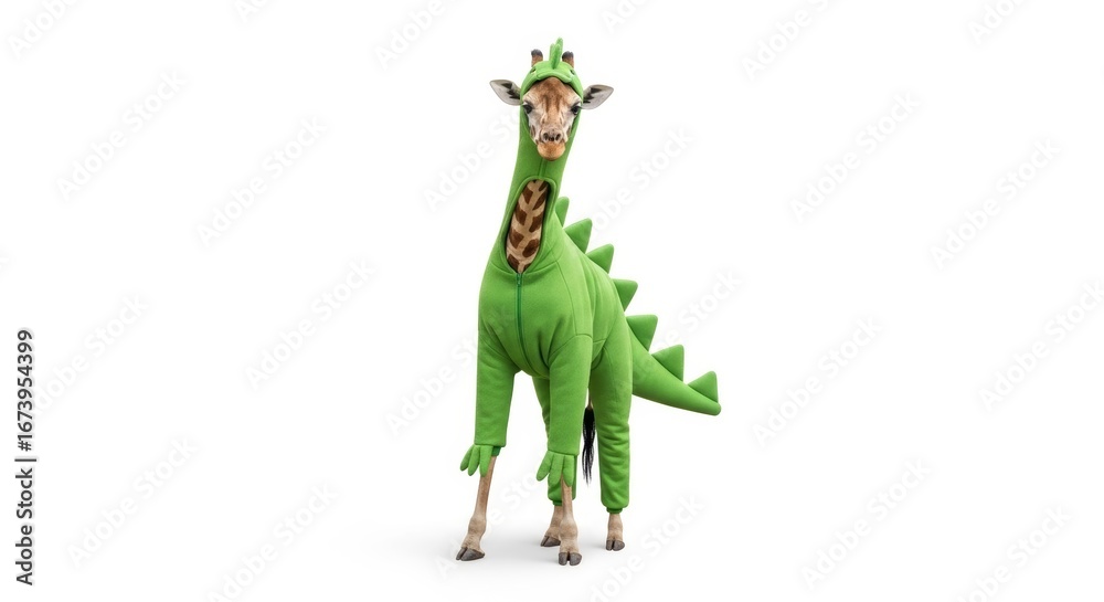 Obraz premium giraffe dressed as a dinosaur, Halloween costume, prehistoric dino costume