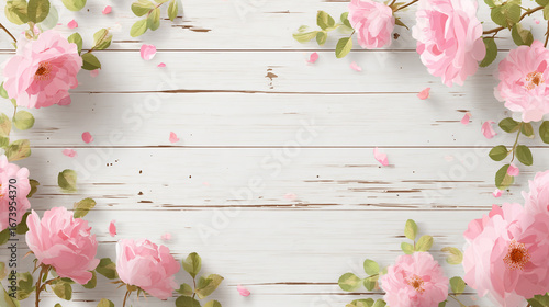 Fototapeta Naklejka Na Ścianę i Meble -  Wooden background with pink roses on the edges, vector illustration, flat design style, white wood grain texture, romantic floral theme,