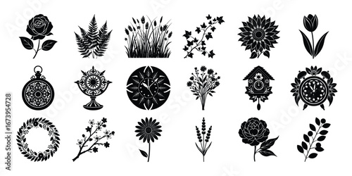 Collection of Vintage Floral and Botanical Illustrations in Black and White