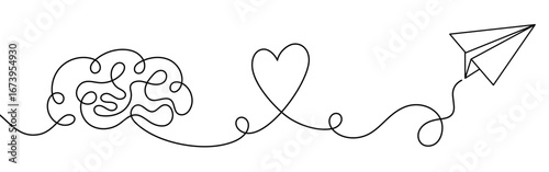 Minimalist continuous line drawing of brain heart and paper airplane symbolizing creativity love imagination and freedom. One line art concept for psychology emotions travel communication and dreams