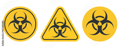Set of biohazard warning signs in yellow and black. Hazardous materials symbol collection for danger safety laboratory toxic waste chemical contamination infection risk caution