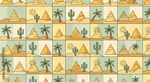 Repeating seamless pattern featuring pyramids palm trees and cacti in a desert landscape creating a unique egypt inspired travel background