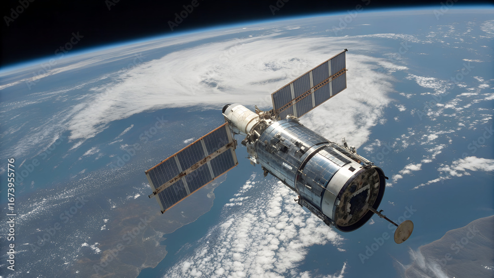 Fototapeta premium Satellite with solar panels orbiting above Earth atmosphere with detailed clouds and land surface visible perfect for communication visuals, science education and technology presentations